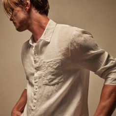 Our Revised Linen Shirt is made in our classic lightweight linen that is breathable and soft. Style details include a shirt collar, button front closure, full length sleeves with placket at cuffs, back yoke, chest pocket, shirttail hem. Garment dyed. Relaxed fit.Additional Information:• 100% Linen • Machine wash cold, tumble dry low Styled With:• MKOH1406 - Relaxed Linen Pant ﻿• MNL3633 - LA Skate Tank﻿• SMTSU8360 - Men's Suede Flip Flop Linen Pant, Men Suede, Male Body, Shirt Collar, Linen Pants, Soft Style, Shirt White, Linen Shirt, Flip Flop