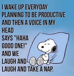 a cartoon snoopy sitting on top of a pillow with the words, i wake up everyday