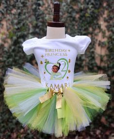 Frog Princess Tutu Set, Green , Yellow, Gold Tutu - KolorfulKidzCustoms Princess Tiana Birthday Party, Tiana Birthday Party, Tutu Size Chart, Tutu En Tulle, Princess Frog, Ribbon Tutu, Gold Tutu, Princesa Tiana, Princess Theme Birthday