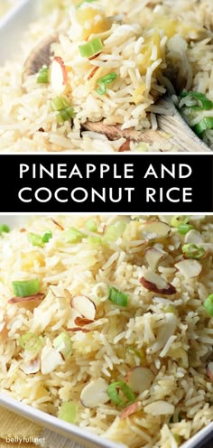 pineapple and coconut rice in a white bowl on a wooden table with text overlay that reads pineapple and coconut rice