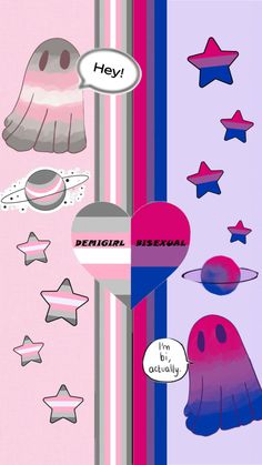 an image of different colored objects on a pink and blue striped background with words that say hey