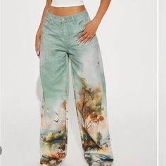 Brand New. I Have To Return But Don’t Prefer Store Credit. 5 Pocket, Landscape Print, 10.5” Rise, 33” Inseam. Really Cute. Spring Green Straight Leg Pants, Green Relaxed Fit Mid-rise Bottoms, Green Full Length Jeans For Summer, Green Straight Leg Bottoms For Spring, Green Relaxed Fit Mid-rise Pants, Green Mid-rise Relaxed Fit Pants, Spring Green Wide Leg Jeans, Green Wide Leg Jeans For Spring, Casual Green Mid-rise Wide Leg Pants