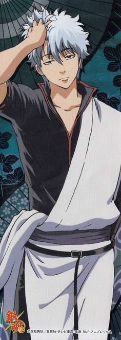 an anime character with white hair and black clothes, holding his hand up to his head