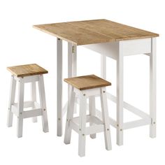 the table and stools are all white with wood seat pads on each side,