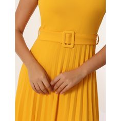 This dress can be a perfect addition to almost any outfit for daily wear, great for work, meetings, weddings, offices, businesses, parties, cocktails, casual, everyday dressing, etc. Pair with flat shoes or high heels for an elegant office look. Comfortable and versatile, this dress is perfect on its own or as a layer under a blazer. Elegant Yellow Pleated Midi Dress, Elegant Yellow Solid Color Dress, Elegant Yellow Office Dress, Yellow Solid Color Dress For Work, Elegant Yellow Dress For Work, Elegant Yellow Belted Dress, Dresses Yellow, Work Meetings, Pleated Dresses