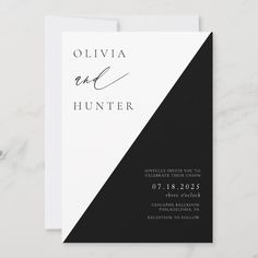 an elegant black and white wedding card with the word, ollivia and hunter on it