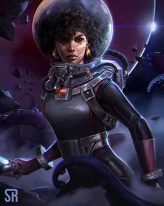 a woman in a space suit and helmet with an octopus on her head, standing next to a planet