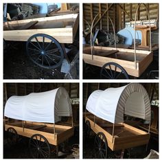 four different views of a covered wagon