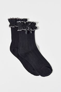 Soft-knit socks with an applique-trimmed ruffle along the ankle. Features Applique femme ruffle socks Soft crew socks Ruffle at the ankle Crew sock length Content + Care 70% Cotton, 28% nylon, 2% spandex Machine wash Imported Size Crew sock length Fits US women’s shoe size 6–10 | Applique Femme Ruffle Sock in Black, Women's at Urban Outfitters Ruffle Sock, Socks Ruffle, Fancy Socks, Ruffle Socks, Ruffled Socks, Fun Accessories, Shirts For Leggings, Crew Sock, Black Socks