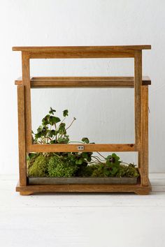 a wooden shelf with plants inside of it