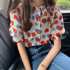 Buy Cartoon Flower Pattern Puff Sleeve Blouse Shirt from Nada Outfit Land for your outfit of the day. This item is in stock and ready to order. World Wide Shipping Service. Check our Shop for more trendy fashion. Don’t forget to tag and follow our Instagram : nadaoutfitland . Happy Shopping Casual Floral Print Tops With Puff Sleeves, Cute Floral Print Short Sleeve Blouse, Cute Short Sleeve Floral Print Blouse, Trendy Floral Print Puff Sleeve Tops, Summer Casual Puff Sleeve Shirt, Casual Summer Shirt With Puff Sleeves, Trendy Printed Puff Sleeve Tops, Spring Retro Puff Sleeve Tops, Retro Puff Sleeve Tops For Spring