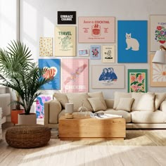 a living room filled with furniture and lots of pictures on the wall above it's coffee table