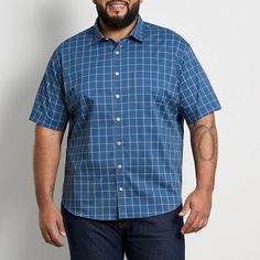 Look effortlessly stylish in this Van Heusen short-sleeve button-down shirt from the men's big and tall collection. It's crafted from a comfortable cotton-blend and has a classic-fit and a spread collar. Wear it with chinos and sneakers for a casual, everyday ensemble. Closure Type: ButtonFit: Classic FitNeckline: Collar NeckPockets: 1 Chest Slip PocketSleeve Length: Short SleeveFiber Content: 54% Cotton, 44% Polyester, 2% ElastaneCollar: Spread CollarCare: Machine Wash, Tumble DryCountry of Ori Big And Tall Casual Short Sleeve Shirt, Van Heusen, Button Front Shirt, Mens Big And Tall, Casual Everyday, Big & Tall, Big And Tall, Workout Shorts, Button Downs