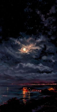 an oil painting of the night sky and water