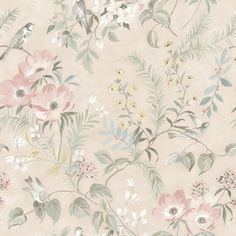 a floral wallpaper with pink flowers and green leaves on the bottom half of it