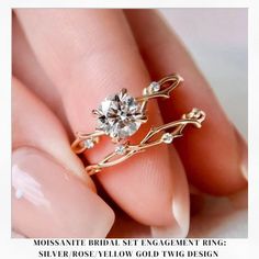 a close up of a person's hand with a ring on their finger and the words moosanite bridal set engagement ring silver rose yellow gold twig design