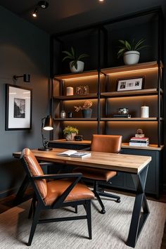 modern home office setup with two office chairs in leather and wood, a wooden office desk. dark and moody wall painting. shelves behind the chair with plants, books and decor. Dark Wood Desk, Home Office Modern, Modern Home Office, Wood Desk, Dark Wood, Office Design, Work Space, Modern House, Home Office