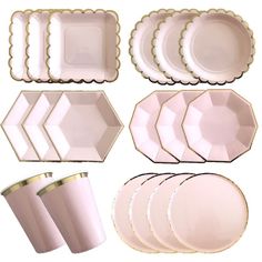 a set of pink plates and cups with scalloped edges