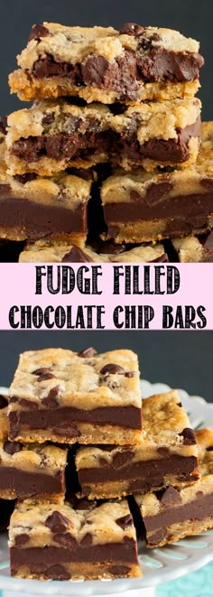 fudge filled chocolate chip bars stacked on top of each other with text overlay