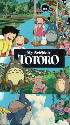 the movie poster for my neighbor totoro is shown in three different pictures, one with