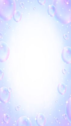 soap bubbles are floating in the air with sparkles around them on a blue and pink background