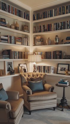 Inspiring Ideas for a Home Library 25 Inspiring Ideas for a Home Library Small Home Library Office Study, Walk In Closet Library, Home Library Built Ins, Spare Bedroom Library Ideas, Cottage Library Aesthetic, Home Library Decorating Ideas, Corner Library Ideas, Library Small Room, Library Living Room Ideas