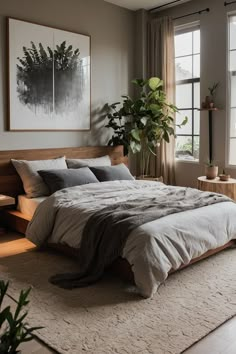 a large bed sitting in a bedroom next to two windows and a potted plant