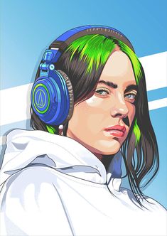 a woman with green hair wearing headphones