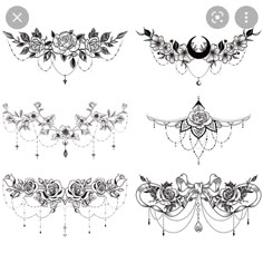 an assortment of ornamental designs on a white background, including roses and chandeliers