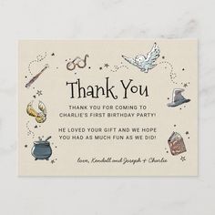 a thank card for someone's first birthday with images of wizard hats, caulders and magic wands