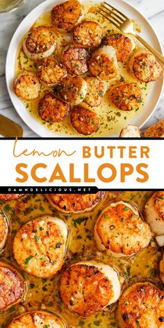 lemon butter scallops in a white bowl and on a plate