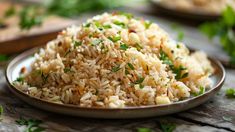 a plate filled with rice and garnished with parsley