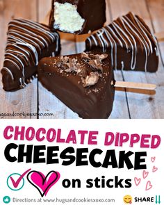 chocolate dipped cheesecake on sticks with text overlay