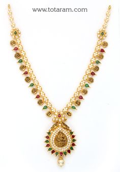 22 Karat Gold 'Lakshmi Kasu' Necklace with Cz ,Ruby , Emeralds & Japanese Culture Pearls (Temple Jewellery)  - 235-GN4020 - in 22.850 Grams for USD $1893.07. 
Made in India by Totaram Jewelers Online this product is in Gold - 22 Karat BIS Hallmark 916 KDM Gold  & is an excellent gift for Adult - Women. Ships fully insured with secured guaranteed delivery for free with your order over $250 from New Jersey USA & comes with 30 days exchange policy. Pearl Temple Jewellery, Kasu Necklace, 22k Gold Necklace, Temple Jewelry Necklace, Gold Temple Jewellery, Cz Necklace, Temple Jewellery, Gifts For Adults, Japanese Culture