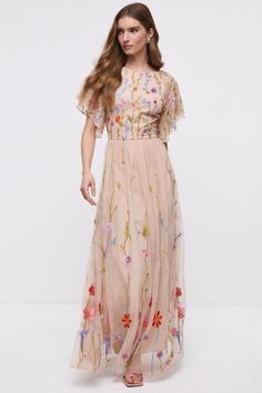 Style: A-Line DressDesign: FloralFabric: MeshLength: MaxiNeckline: Round NeckSleeve Length: Short Sleeve Flute Sleeve, Embroidered Wedding Dress, Wedding Dresses Uk, Women's A Line Dresses, Mother Of Bride Outfits, Embroidered Maxi Dress, Sleeve Maxi Dress, Pink Maxi Dress, Maxi Dress With Sleeves