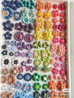 a tray filled with lots of different colored buttons