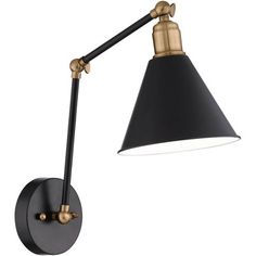 a black and gold wall light with an adjustable arm