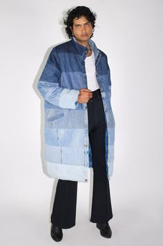 Medium Wash Cotton Outerwear With Patchwork, Cotton Patchwork Outerwear In Medium Wash, Medium Wash Oversized Outerwear With Patchwork, Oversized Medium Wash Outerwear With Patchwork, Blue Recycled Denim Patchwork Outerwear, Blue Recycled Denim Outerwear With Patchwork, Blue Patchwork Outerwear In Recycled Denim, Winter Patchwork Denim Jacket In Recycled Denim, Indigo Cotton Patchwork Outerwear