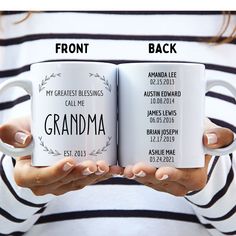 two women holding coffee mugs with their names and date printed on them, both showing front and back