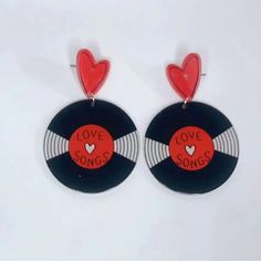 Red And Black Heart With Vinyl Record Dangle Earrings. New Never Worn. Record Earrings, Large Statement Earrings, Stud Fashion, Rhinestone Fashion, Turquoise Earrings Dangle, Book Jewelry, Pink Gem, Red Grapes, Crystal Dangle Earrings