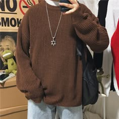 Retro Style Crewneck Men Winter Sweater Couples Sweaters, Retro Sweater, Solid Sweaters, Harajuku Streetwear, Student Fashion, Brown Sweater, Casual Sweaters, Pullover Men, Retro Stil