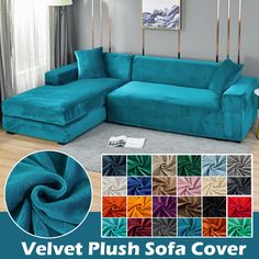 the velvet plush sofa cover is in various colors and sizes, along with matching pillows