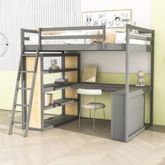 a loft bed with desk underneath it and stairs to the upper level, next to a wall mounted clock