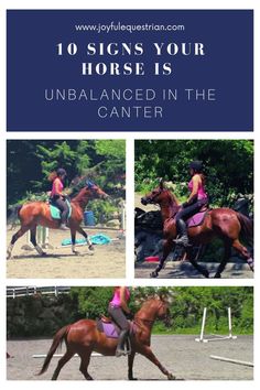 two women riding horses in an arena with text overlay that reads 10 signs your horse is unbalanceed in the center