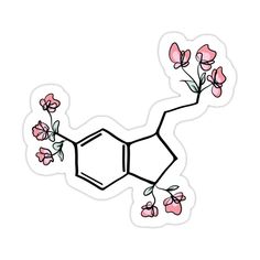 the chemical structure of flowers sticker is shown in pink and white with green leaves on it