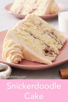 a slice of cake on a pink plate with the words, snickkerdoodlele cake