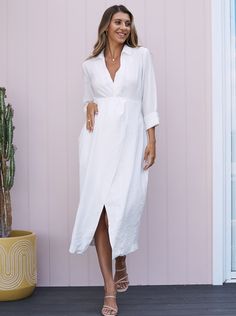 The Camille Baby Shower Maternity V Neck Dress in white has a twist waist and V Neck, practical for nursing. Wear it with heels or flats for baby shower. Camille Dress, Nursing Wear, V Dress, Maternity Midi Dress, Pregnancy Journey, Nursing Friendly, Tie Colors, Staple Pieces, White Material