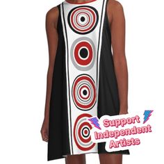 Loose-fit, mid-length sleeveless dress with silky handfeel. Printed on both sides. Machine washable. Size range XS-2XL. Abstract retro style illustration with black, white, red and grey design circles decoration on black background Red A-line Mod Dress, Red Sleeveless Mod Dress, Grey Design, Gray Design, Woven Dress, Dress For Sale, Black White Red, Red And Grey, Style Design