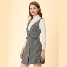 Add a versatile layer to your new-season wardrobe with this suspender dress. Suitable for Work, Office, College, Vacation, Weekend, Dating, Coffee, Daily wear. Pair it with any basic tops and boots for a simply charming look. This deep-V designed suspender dress looks charming with plain sweater tops. Simple and classic design with above knee-length and a-line silhouette. Please check your size to make sure the item fits before ordering. Winter Tweed Dress For Work With Button Closure, Winter Tweed Dress For Workwear With Buttons, Sleeveless Tweed Dress For Work In Fall, Sleeveless Tweed Dress For Fall Workwear, Fall Sleeveless Tweed Work Dress, Winter Tweed Dress With Buttons, Fall Tweed Dress With Buttons For Workwear, Sleeveless Tweed Dress For Winter, Casual Tweed Dress With Button Closure For Work