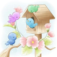 three birds are sitting in a birdhouse on a tree branch with pink and blue flowers